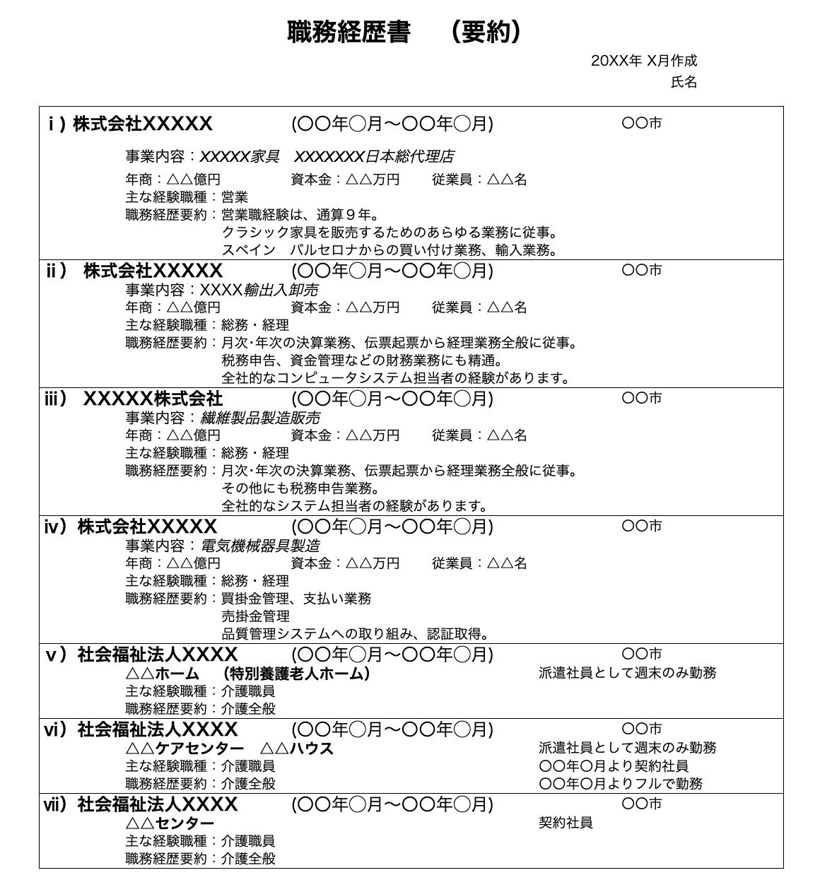 職務経歴書 介護士