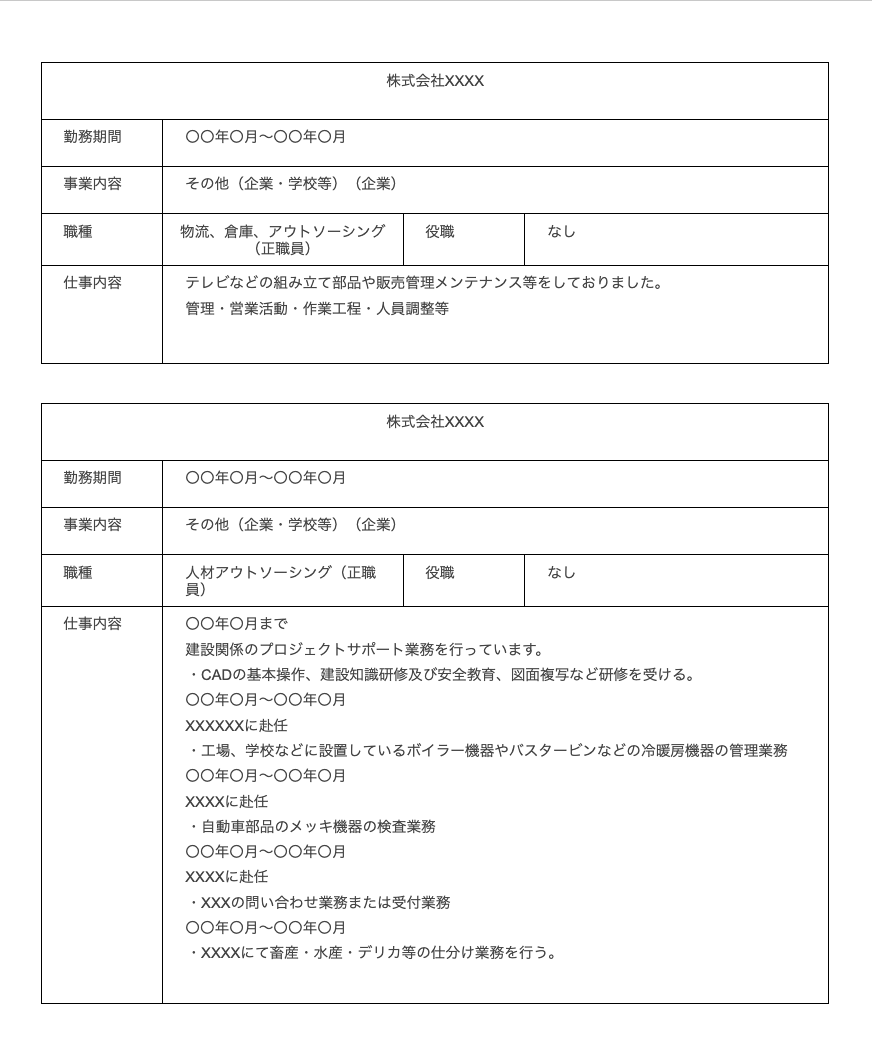 職務経歴書 介護士