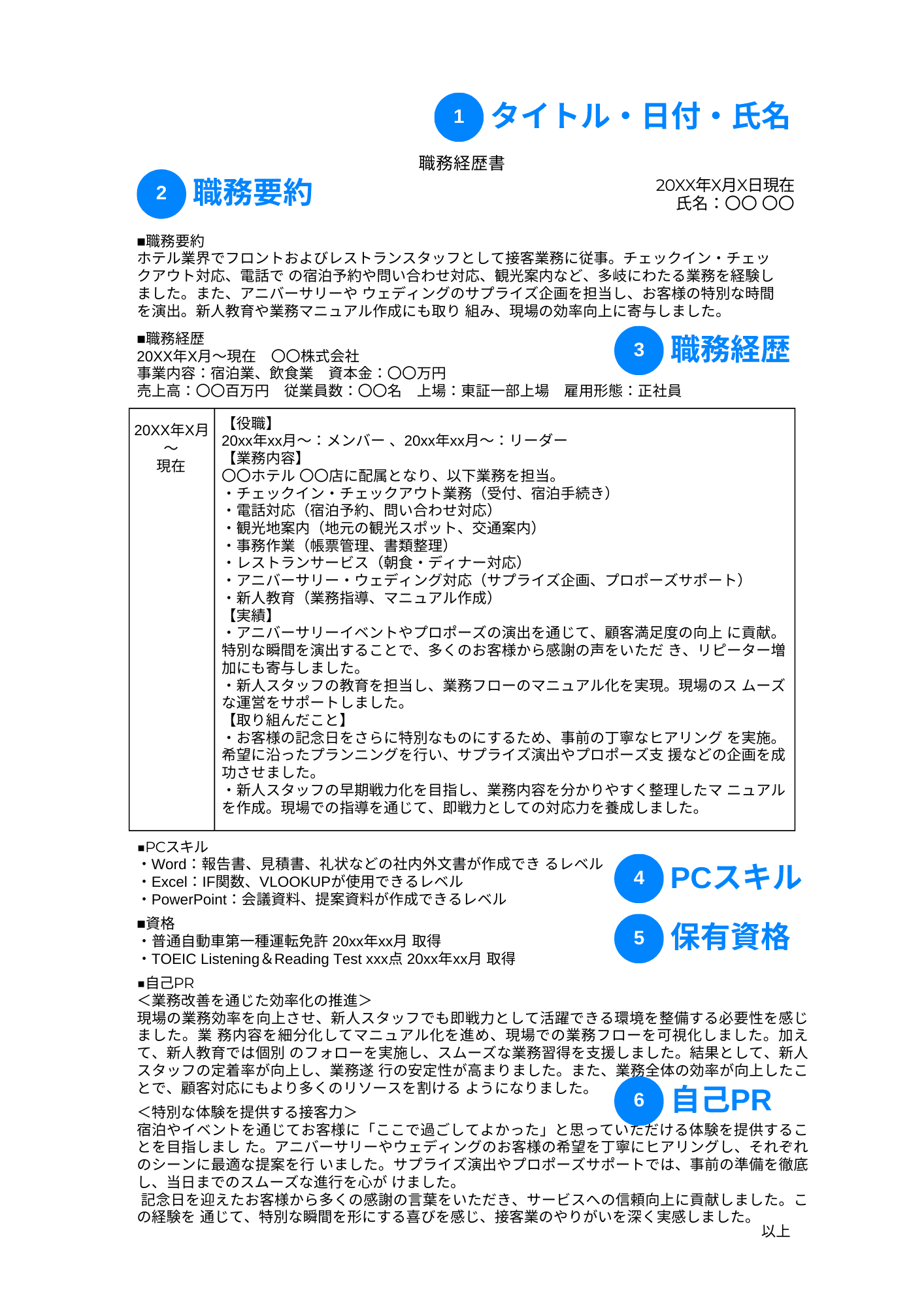 ホテルスタッフの職務経歴書 構成例