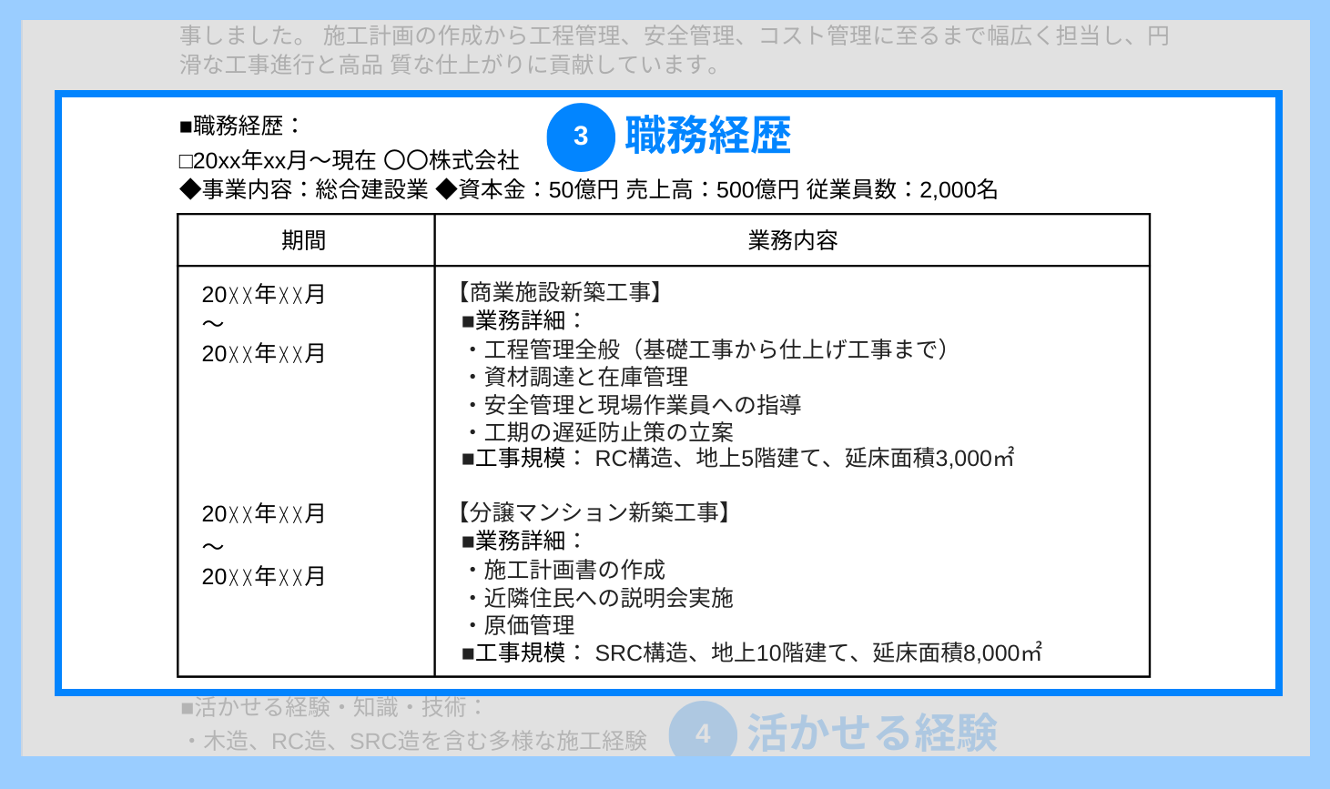 施工管理の職務経歴書の職務経歴の記載例