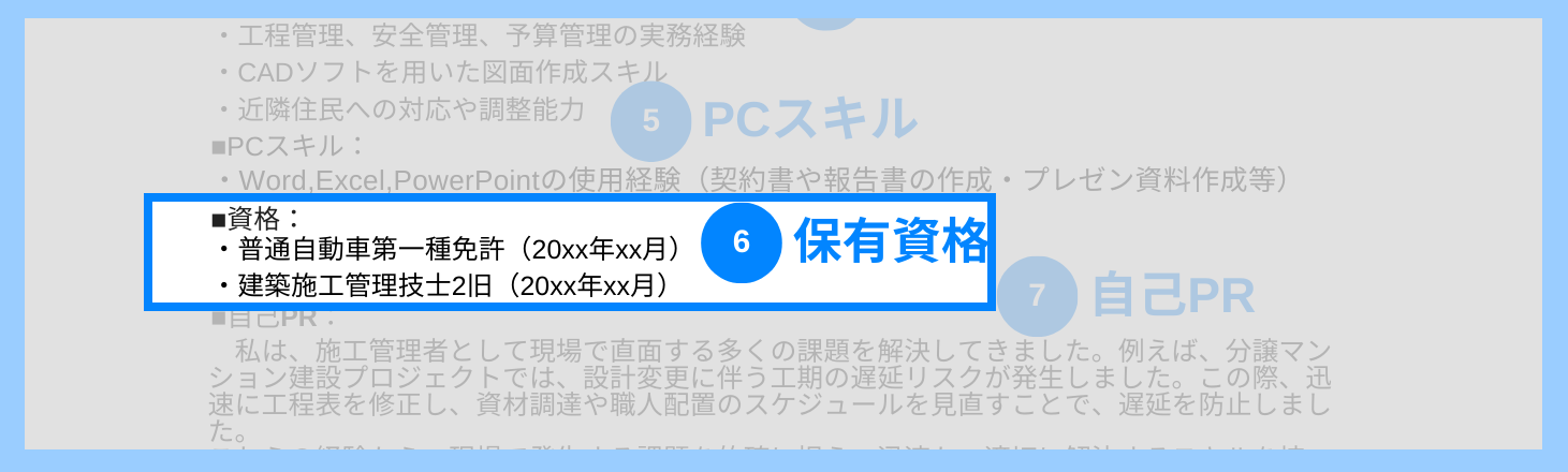 施工管理の職務経歴書の保有資格の記載例