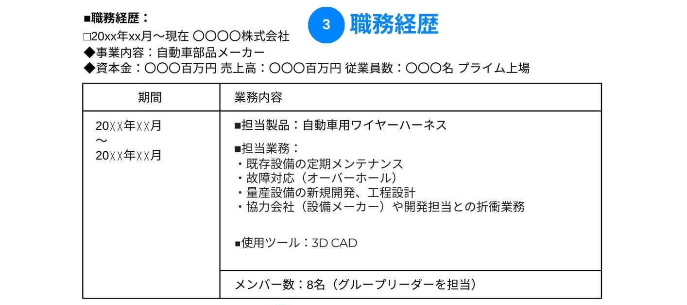 製造業の職務経歴書の職務経歴の記載例